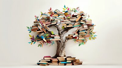 International literacy day concept with tree with books like leaves. Literacy, education, knowledge concept with color books on tree on white background.