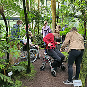 Studierende laufen mit Rollator, Rollstuhl und Gehhilfen durch ein Gewächshaus des Botanischen Gartens.