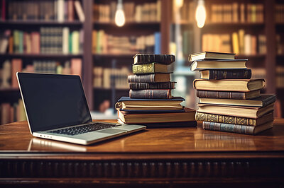 Organized pile of books on a desk with a laptop. E-learning concept. Generative AI